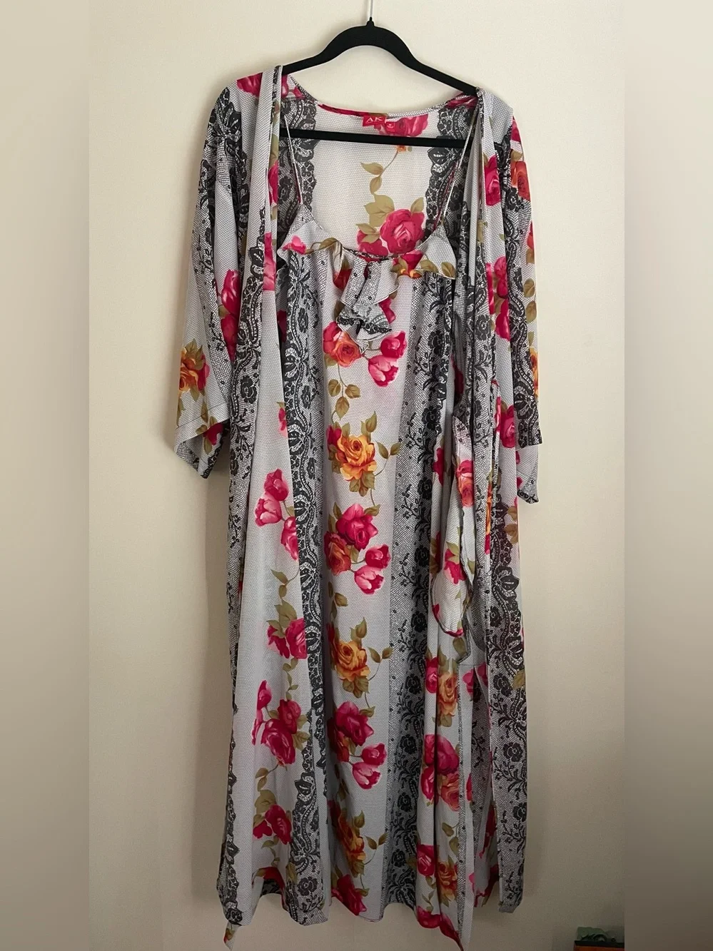 VTG Anne Klein Floral Robe And Slip Dress Set Size M Black Pink Ruffle W/ Slits - Picture 5 of 12